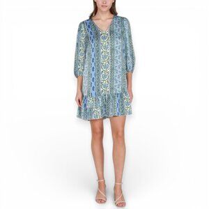 NWT Black Tape Blue Floral Paisley Ruffle Hem Mini Dress XS-S V-Neck 3/4 Sleeve